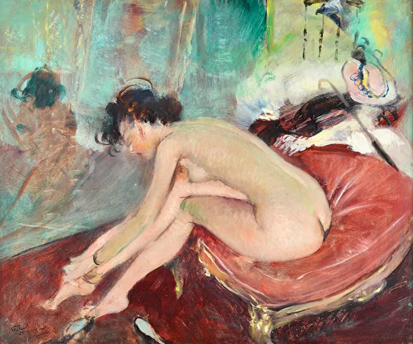 Jean Gabriel Domergue (1889-1962), Nude dressing, oil on board, signed, 45cm x 54cm. ARR