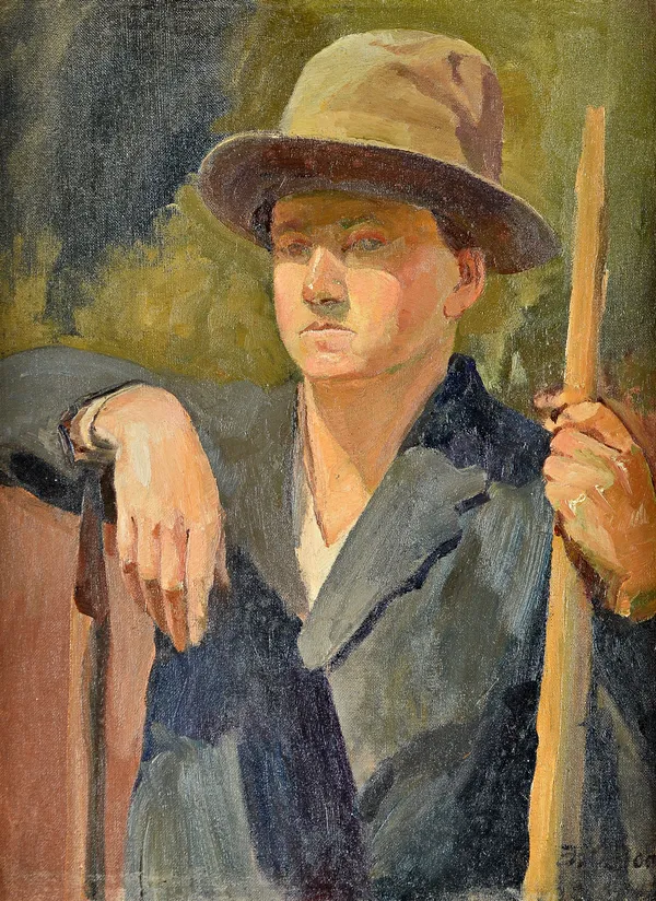 Bloomsbury School (20th century), Portrait of a man wearing a hat and holding a staff, oil on canvas laid on board, indistinctly signed, 47cm x 35cm.