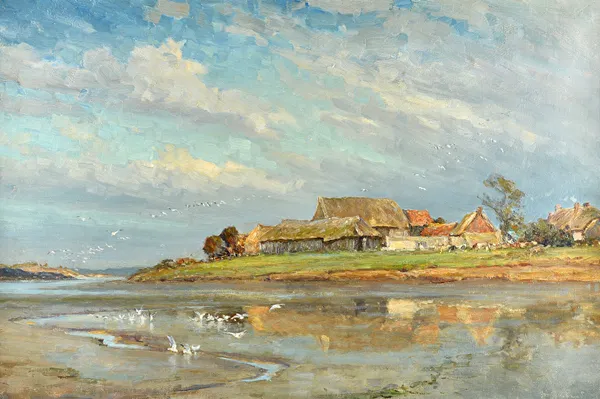 Frederick Whitehead (1853-1938), Low tide, Middlebere, Poole Harbour, oil on canvas, signed (incised), bears inscription on reverse, 59cm x 90cm.