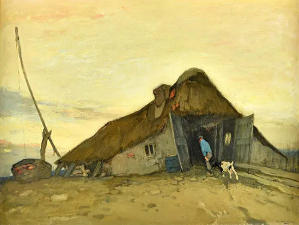 Continental School (late 19th century), A man and a dog entering a boat house, oil on canvas, indistinctly signed, 45cm x 60cm.