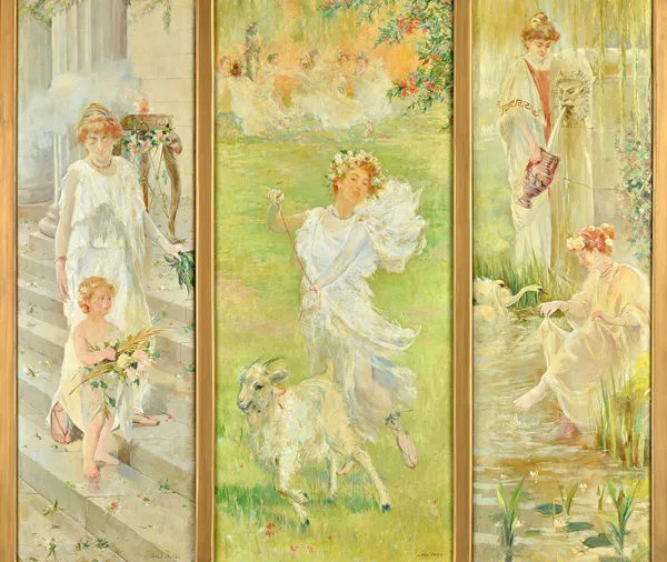 Julio Vila y Prades (1873-1930), An Allegory of Summer, oil on canvas in three panels, all signed, overall size of canvases 98cm x 105cm. A/S