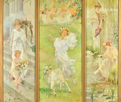 Julio Vila y Prades (1873-1930), An Allegory of Summer, oil on canvas in three panels, all signed, overall size of canvases 98cm x 105cm. A/S