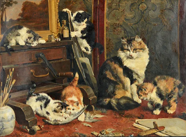 Charles van den Eycken (1859-1923), Cats playing, oil on canvas, signed and dated 1903, 68cm x 92cm.