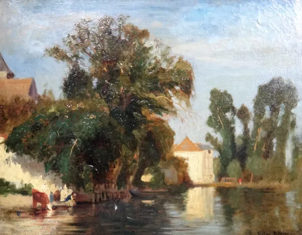 Leon-Victor Dupre (1816-1879), View of  chateau across a lake, oil on canvas, signed, 30.5cm x 39.5cm.