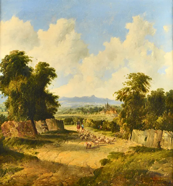 Alfred H. Vickers (fl.1853-1907), Landscape with shepherd and flock, oil on canvas, signed, 73.5cm x 69.5cm.Provenance: with Mandell's Gallery, Norwic