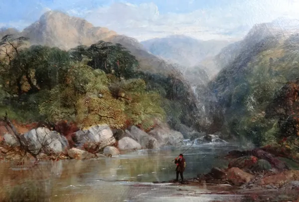 Attributed to Benjamin Williams Leader (1831-1923), Fisherman on a highland river, oil on board, bears a signature, 20cm x 30cm.A/S