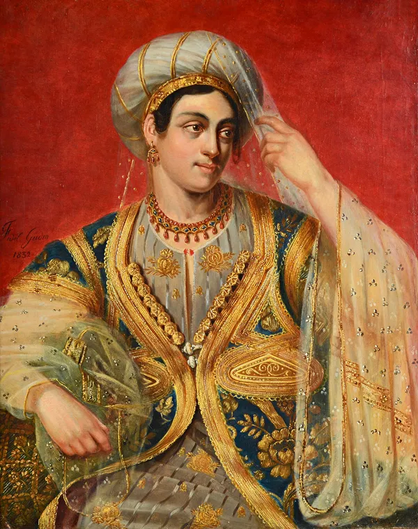 Attributed to Fidel Gudin (1800-1874), Portrait of a Harem girl, oil on canvas, bears a signature and date, 81cm x 64cm. Illustration 50