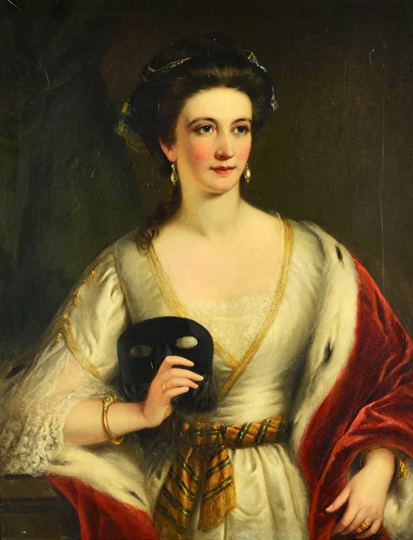 Continental School (19th century), Portrait of a lady, holding a mask, oil on canvas, 90cm x 70cm.