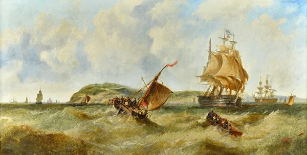 James Webb (1825-1895), A Fleet approaching a busy anchorage, oil on canvas, signed and dated 1864, 59cm x 116cm. A/S