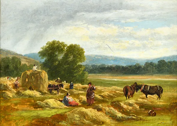 Attributed to John James Hill  (1811-1882), Harvest field, oil on canvas, 31cm x 43cm.