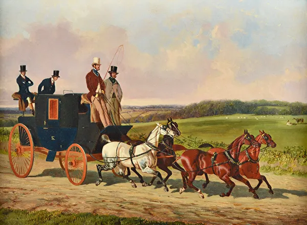 John Dalby (1826-1853) Coach and four on a country road, oil on board, 21cm x 29.5cm.