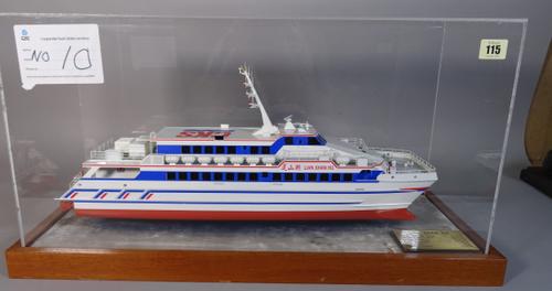 A 20th century scratch built model of an Asian Passenger Ferry, in a perspex case, 66cm wide x 35cm tall.