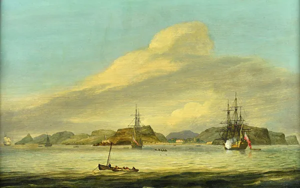 Attributed to Thomas Luny (1759-1837), A British frigate firing a salute to announce hher entering the anchorage to Jamestown, St Helena, oil on panel