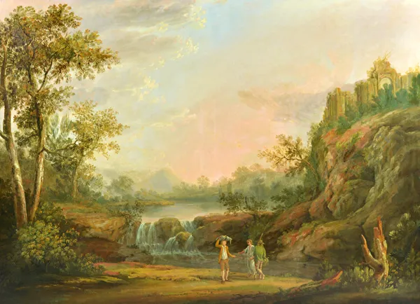 Manner of Claude Gellée, called Claude Lorraine, Figures by a cascade in a Classical landscape, oil on canvas, 109cm x 150cm.