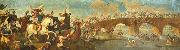 Italian School (18th century), Battle scene, probably The Battle at the Milvian Bridge, oil on canvas, unframed, 85cm x 300cm. Illustrated 30