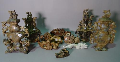 Asian collectables, comprising; modern Chinese soap stone carved items and lidded sensors, (qty).