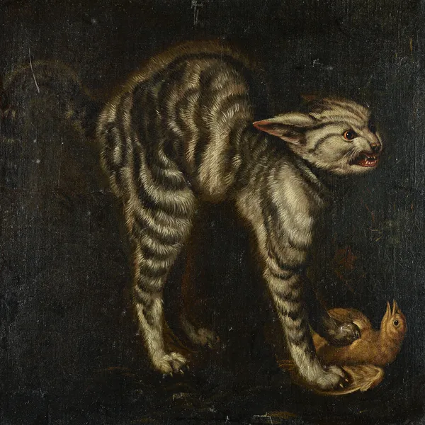 Follower of Jan Fyt, A cat and bird, oil on canvas, 53cm x 53cm.