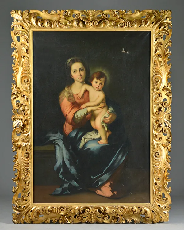 Louis Pisani, after Bartolome Esteban Murillo,  Madonna and child, oil on canvas, inscribed on reverse, 152cm x 103cm.; in an elaborately carved and p