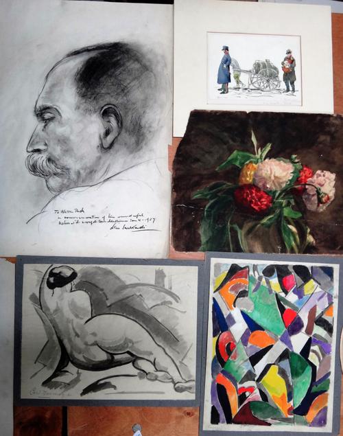 A small group of assorted 19th and 20th century drawings and watercolours of figurative nudes and still life subjects, including works by Monique Desh