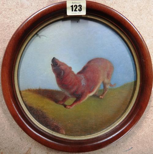 English School (19th century), Study of a ferret, oil on board, tondo,  21cm diameter; together with other miscellaneous pictures and prints.