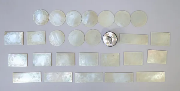 Forty-five Chinese mother-of-pearl gaming counters, late 19th century, with engraved decoration and a Japanese mother-of-pearl button , (46).