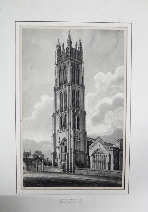 A folio of assorted watercolours and drawings including a monochrome watercolour of St Mary Magdalene, Taunton, Somerset attributed to James Bourne, a