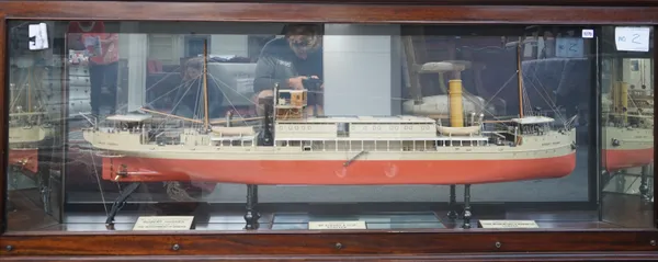 A scale model boat 'Robert Hughes' 2500 ton twin screw pump hopper dredger, 1931, with titled plaques in a glazed mahogany display case, 205cm wide.