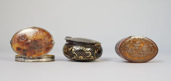 Two Italian tortoiseshell and pique boxes and a silver and tortoiseshell box with cameo, (a.f.), (3).