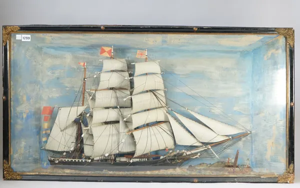 A late 19th century ships diorama depicting a British ship at full mast against a sky blue ground in glazed ebonised case with foliate embossed brass