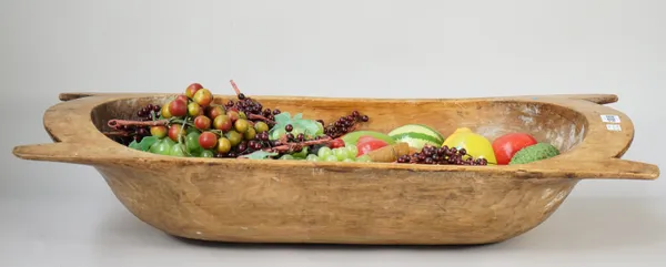 A late 19th century elm dough bin filled with artificial fruit, 75cm wide, a shallow cooper bound bowl, 74cm diameter, and an oval cooper bound box of