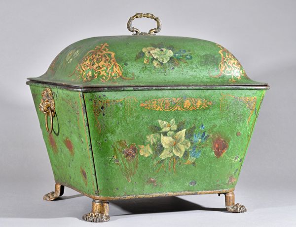 A Regency tole peinte coal purdonium, foliate decorated against a green ground with gilt overlay, twin lion ring handles and four lion paw feet, 57cm