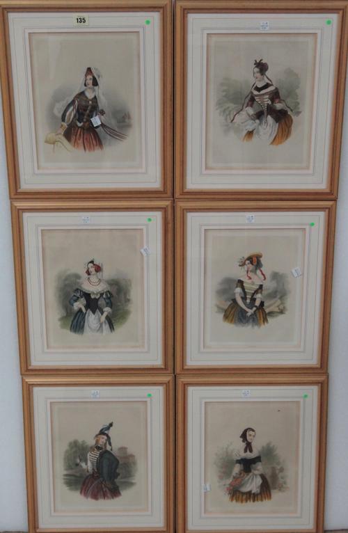 After Numa, Girls in regional costume, a set of six lithographs with hand colouring, each 28cm x 22cm.(6)