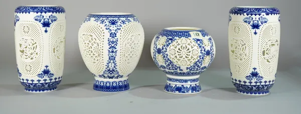 Asian ceramics, comprising; modern blue and white vases with pierced floral pattern decoration, the tallest 22cm (qty).