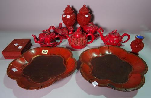 Asian ceramics, comprising; 20th century faux cinnabar lacquer ware, including a pair of vases, cigarette box and sundry, (qty).