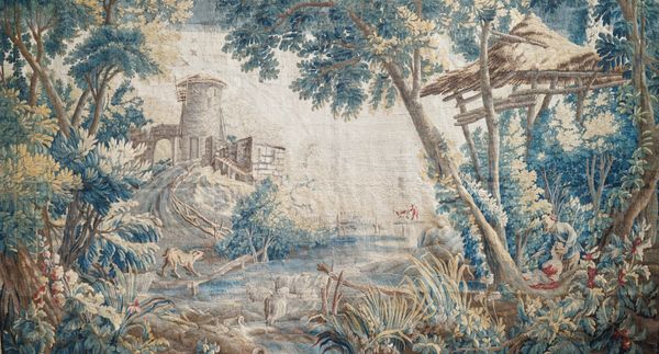 A 19th century tapestry, pastoral landscape design with trees, mill and river, two figures in a thatched clearing within a border, 395cm x 235cm.