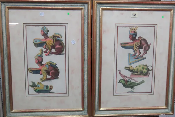 French School (18th century), Mythical Designs for oil lamps, a pair of engravings with hand colouring, each 33cm x 18.5cm.; together with three furth