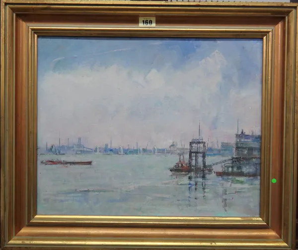 John Denahy (b.1922), The River at Woolwich, oil on canvasboard, 34cm x 43cm.