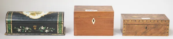 A 19th century inlaid mahogany rectangular tea caddy, 18cm wide, an inlaid coin box, 21cm wide and a Victorian floral painted Papier-mâché  dome top g