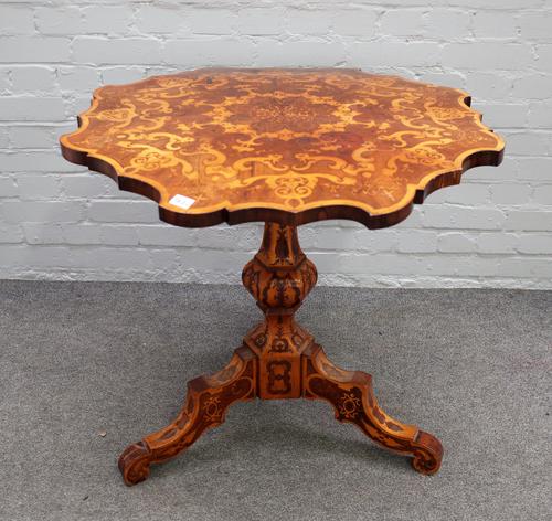 A 19th century Italian marquetry inlaid rosewood occasional table with shaped top on hexagonal baluster column and tripod base, 80cm wide x 74cm high.