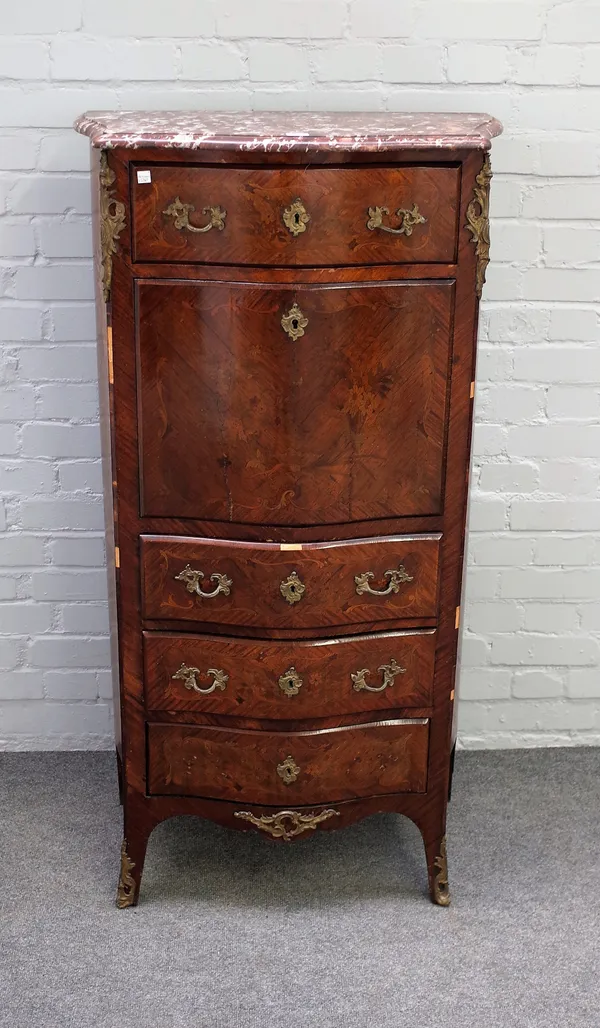 A late 19th century French secretaire a abattant, the marble top over a gilt metal mounted rosewood and kingwood floral marquetry inlaid base with fou