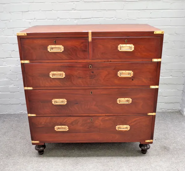 A Campagin style brass bound mahogany chest of two short and three long drawers on bun feet, 99cm wide x 103cm high.