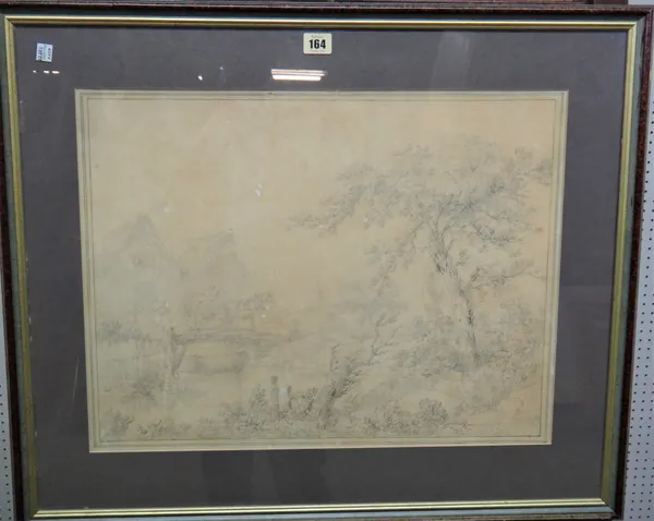 Follower of George Morland, Horse and cart crossing a bridge in a landscape, pencil, bears a signature, 40cm x 52cm.; together with a reproduction pri