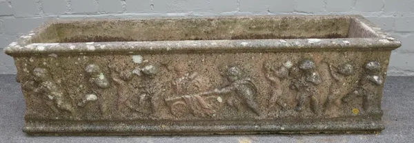 A pair of large reconstituted stone rectangular planters, relief moulded with a procession of cherubs, 119cm wide x 31cm high, (2)