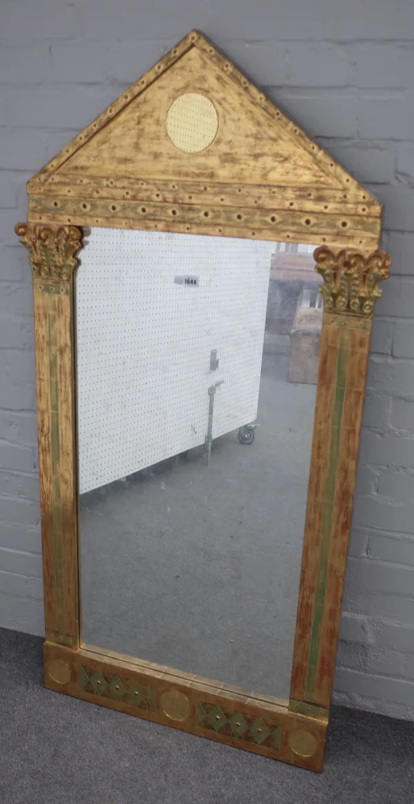 A 20th century gilt wall mirror, with triangular pediment, 71cm wide x 147cm high.