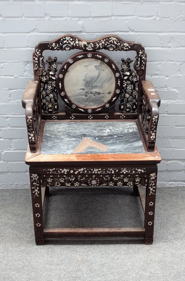 An early 20th century Chinese mother-of-pearl and marble inlaid open armchair on block supports, 66cm wide x 89cm high.