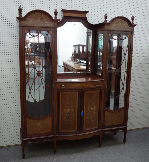 An Edwardian marquetry inlaid mahogany mirror back display cabinet, with central drawer over cupboards, on tapering square supports, 170cm wide x 192c