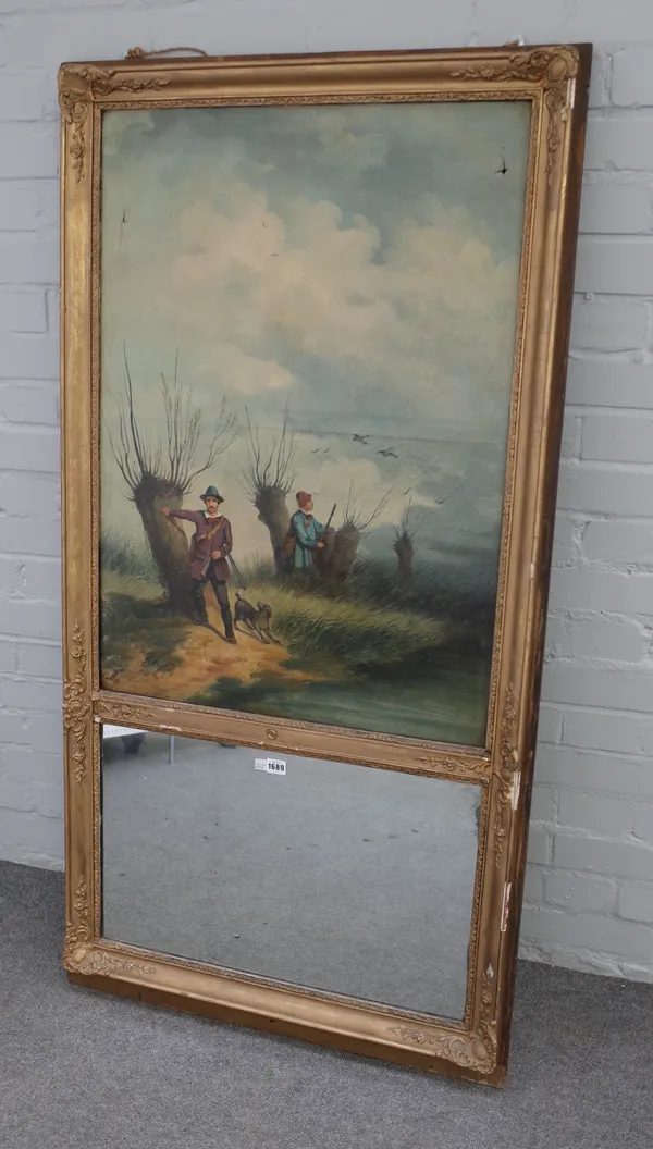 A late 19th century French trumeau wall mirror with oil on canvas of a hunting scene over mirrored plate, 76cm wide x 148cm high.