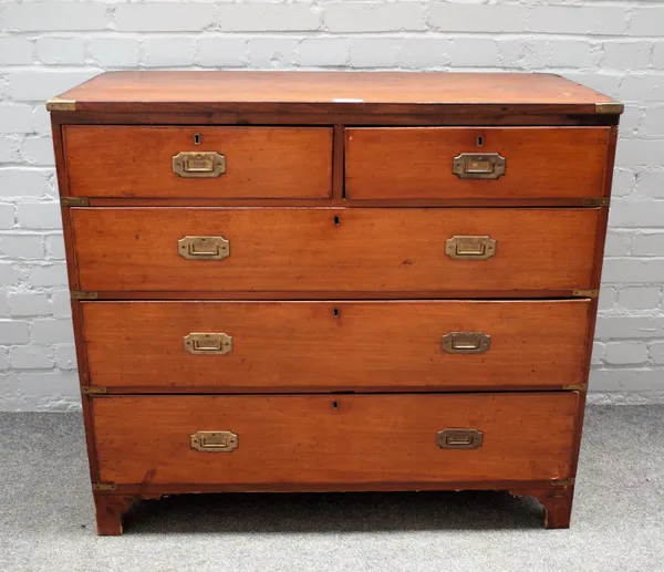 A 19th century teak and mahogany campaign style chest of two short and three long graduated drawers, 100cm wide x 90cm high.