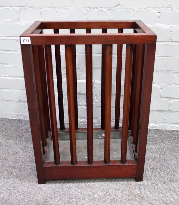 An early 20th century mahogany stick stand with open slatted body, 46cm wide x 64cm high.