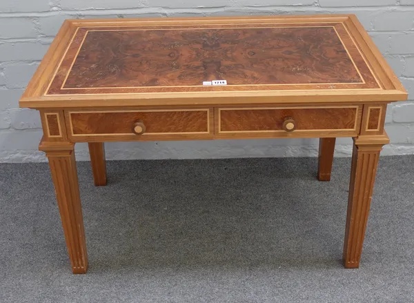 Linley; a figured walnut rectangular occasional table, with pair of frieze drawers, 80cm wide x 51cm high.